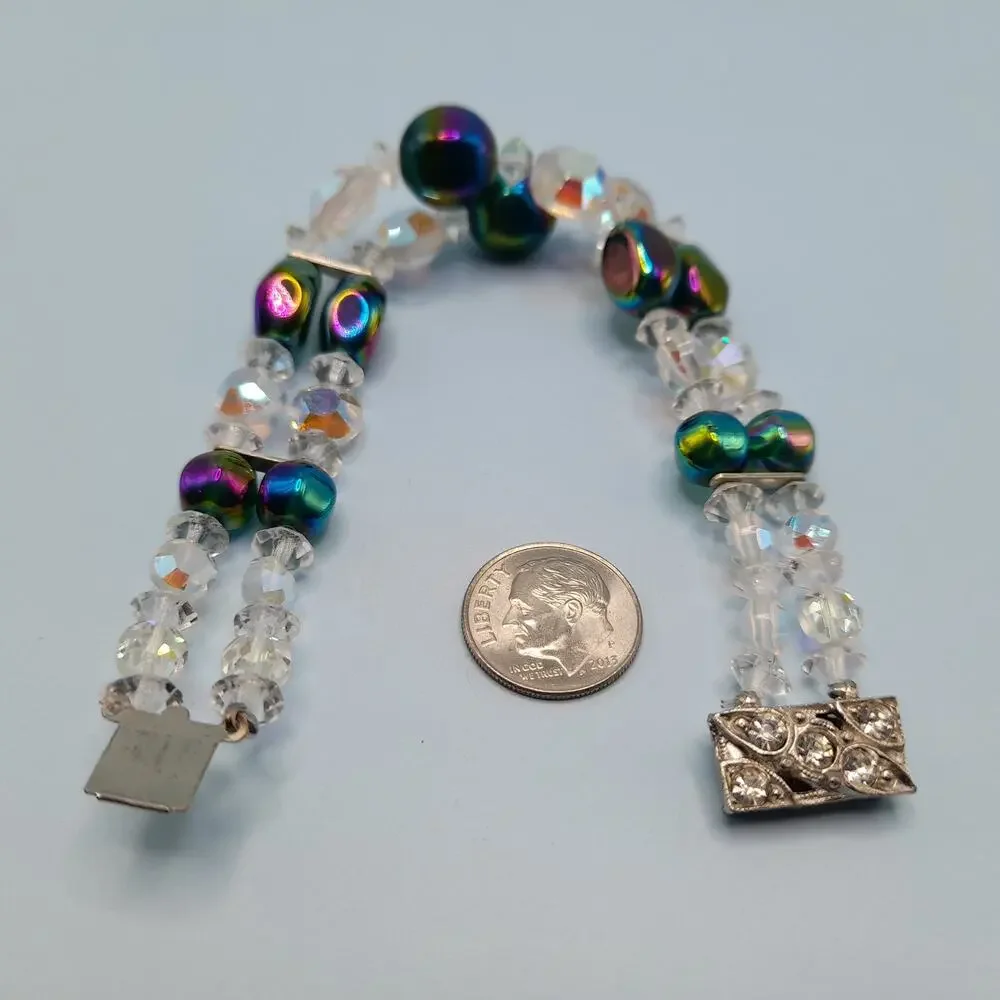 Vintage 1960s AB Crystal Beaded Bracelet, Double Strand, Iridescent Austrian, 7